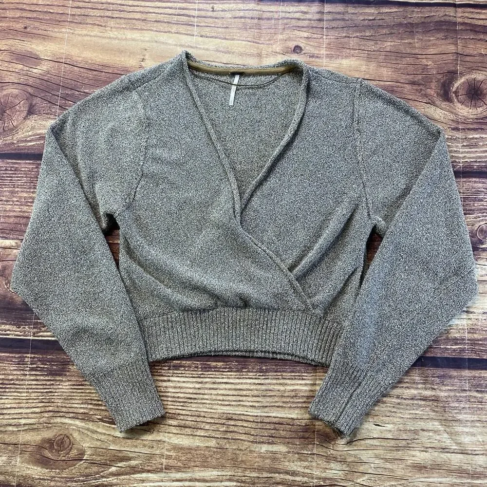 Free People Sweater Women’s Large Gold Plunging V-Neck Blended Fabric